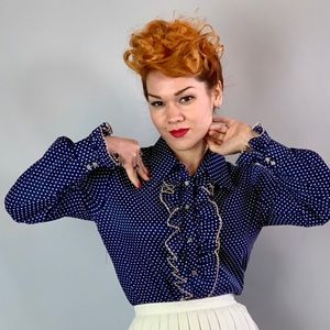 1960s Frilly Franny Blouse | Vintage 60s Navy Blue
